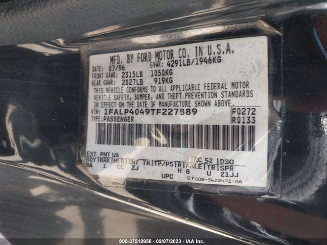 1996 FORD MUSTANG VIN: 1FALP4049TF227889