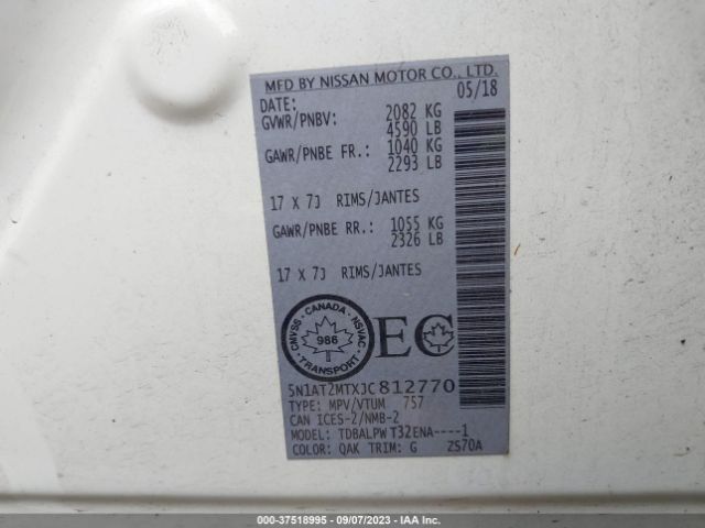 5N1AT2MTXJC812770 Nissan ROGUE S/SV/SL