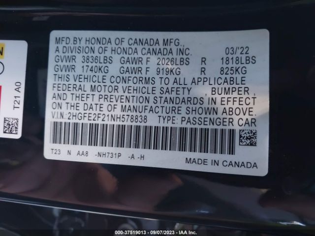 2HGFE2F21NH578838 Honda Civic Sedan Lx