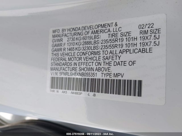 Honda Odyssey Touring 2022 5FNRL6H8XNB055351 Image 9