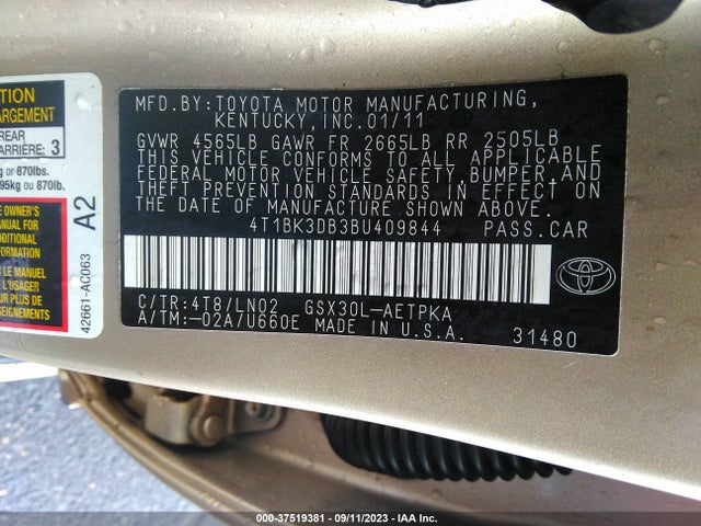 2011 TOYOTA AVALON VIN: 4T1BK3DB3BU409844