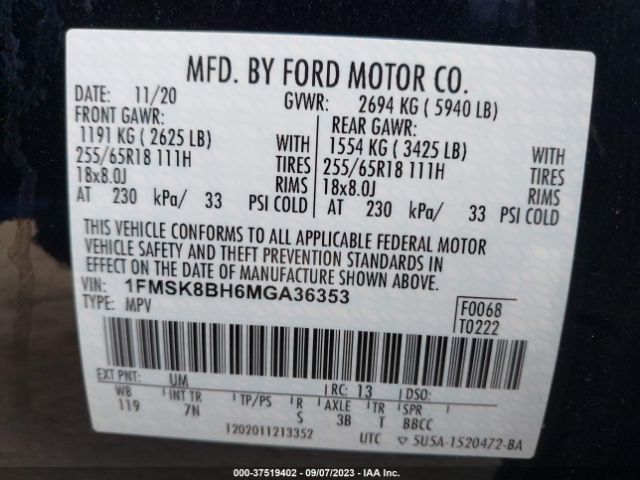 1FMSK8BH6MGA36353 Ford Explorer Base