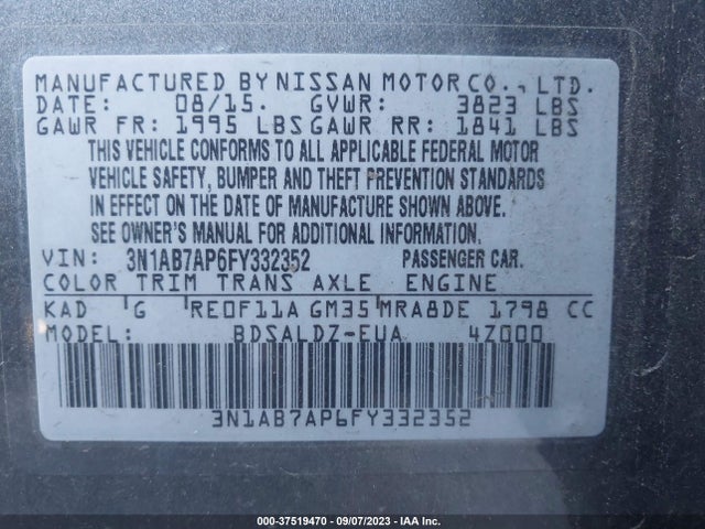 2015 NISSAN SENTRA SV VIN: 3N1AB7AP6FY332352