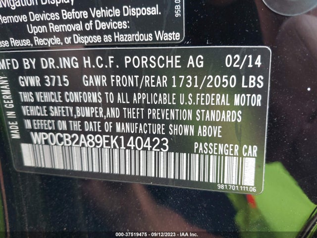 2014 Porsche Boxster, VIN: WP0CB2A89EK140423