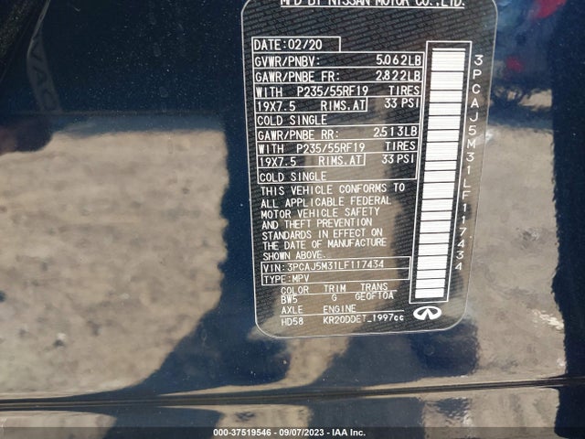 2020 INFINITI QX50 LUXE AWD VIN: 3PCAJ5M31LF117434