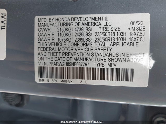 2022 HONDA CR-V AWD EX-L VIN: 7FARW2H89NE037797