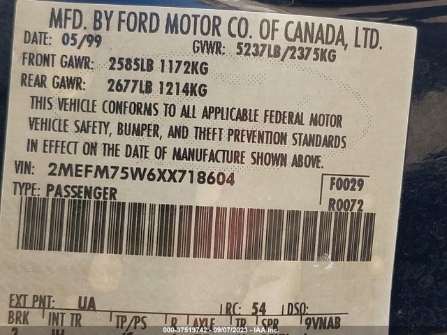 1999 MERCURY GRAND MARQUIS LS VIN: 2MEFM75W6XX718604