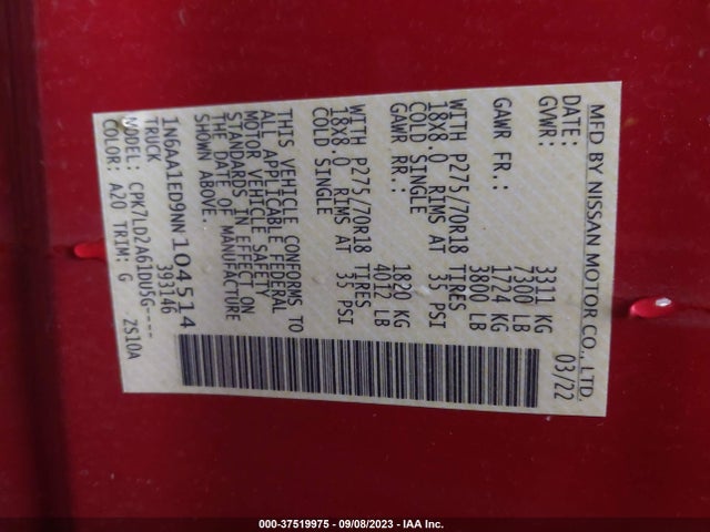 2022 Nissan Titan, VIN: 1N6AA1ED9NN104514