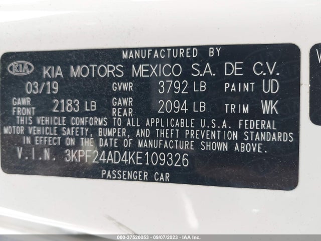 2019 KIA FORTE LXS VIN: 3KPF24AD4KE109326