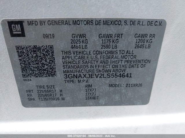 2020 CHEVROLET EQUINOX FWD 2FL VIN: 3GNAXJEV2LS554641