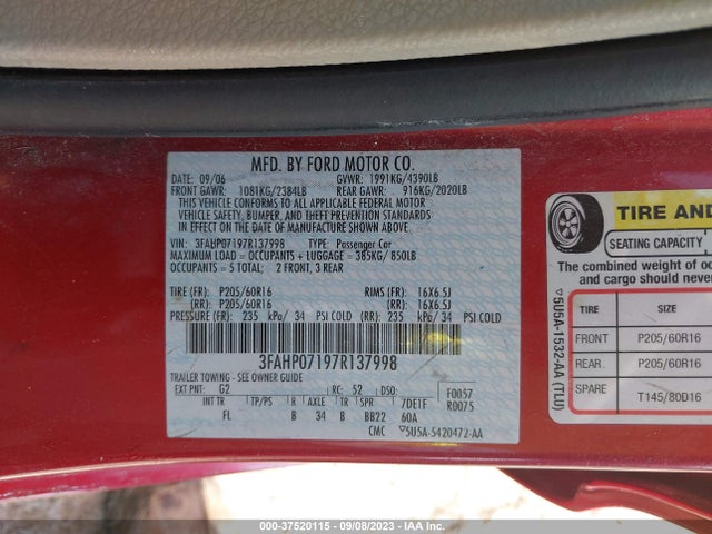2007 FORD FUSION SE VIN: 3FAHP07197R137998
