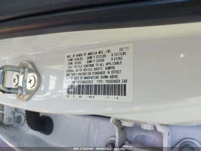 2011 HONDA ACCORD SDN LX VIN: 1HGCP2F37BA095922