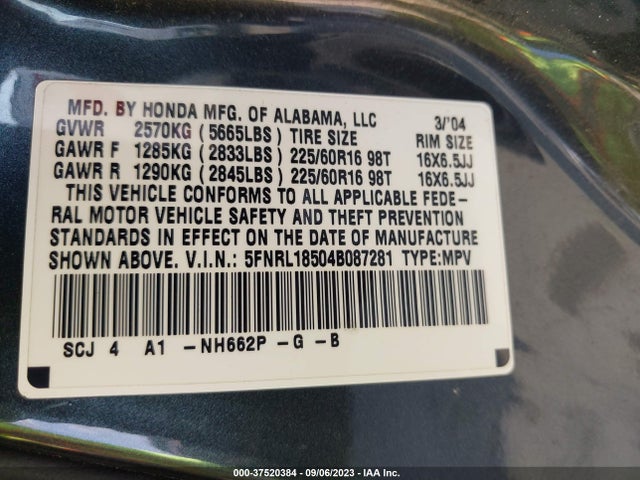 2004 HONDA ODYSSEY LX VIN: 5FNRL18504B087281