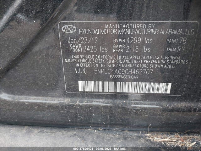 2012 HYUNDAI SONATA 2.4L SE VIN: 5NPEC4AC9CH462707