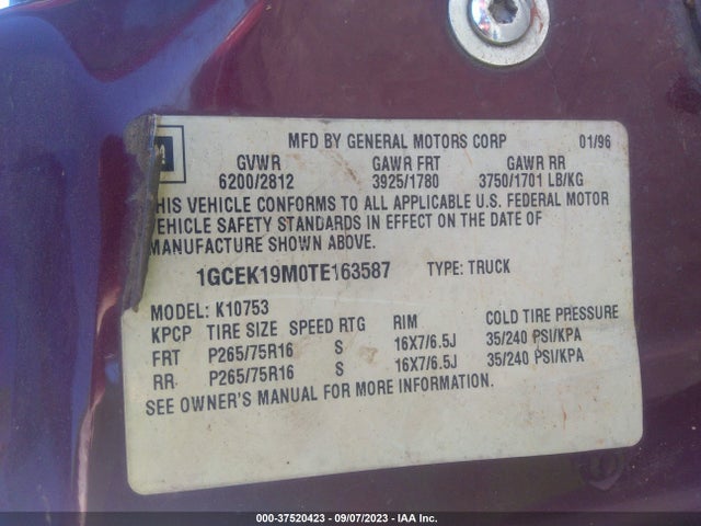 1996 CHEVROLET GMT-400 K1500 VIN: 1GCEK19M0TE163587
