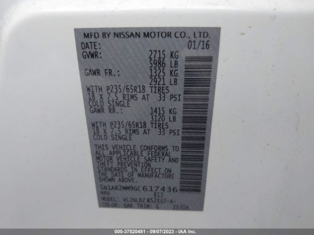 5N1AR2MM9GC617436 Nissan Pathfinder Platinum/sv/sl/s