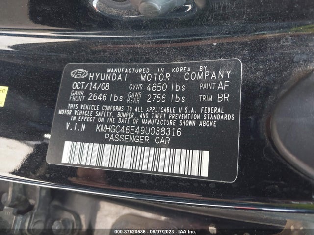 2009 HYUNDAI GENESIS VIN: KMHGC46E49U038316
