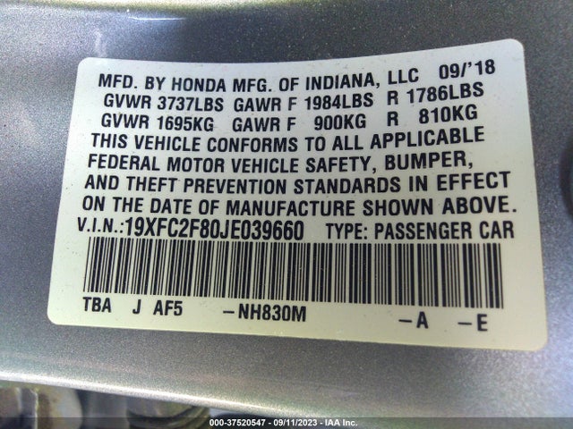 Honda Civic Sedan Ex 2018 19XFC2F80JE039660 Image 9