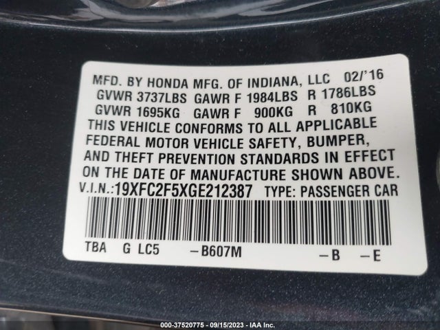 Honda Civic Sedan Lx 2016 19XFC2F5XGE212387 Image 9