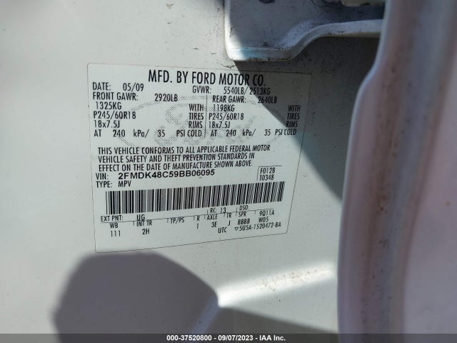 2009 FORD EDGE SEL VIN: 2FMDK48C59BB06095