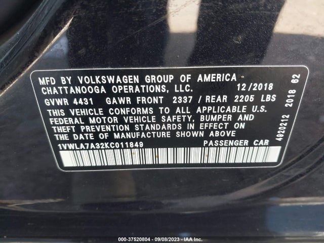 1VWLA7A32KC011849 Volkswagen Passat 2.0t Wolfsburg Edition