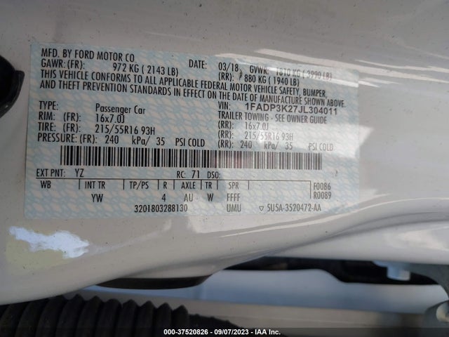 2018 Ford Focus Se მანქანა იყიდება აუქციონზე, vin: 1FADP3K27JL304011, აუქციონის ნომერი: 37520826