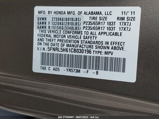 2012 HONDA ODYSSEY EX-L VIN: 5FNRL5H61CB030196