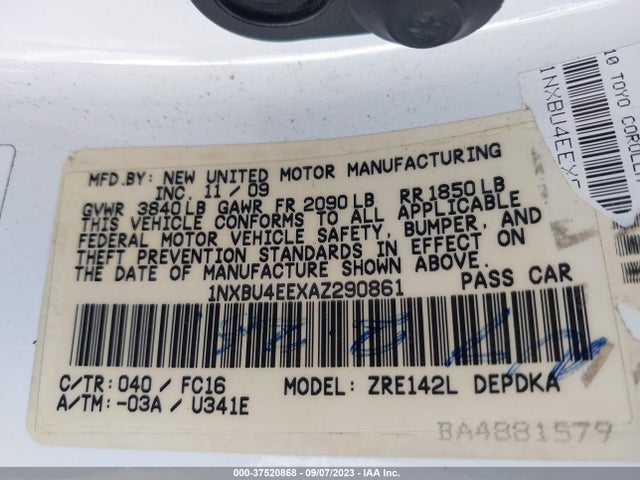 2010 TOYOTA COROLLA VIN: 1NXBU4EEXAZ290861