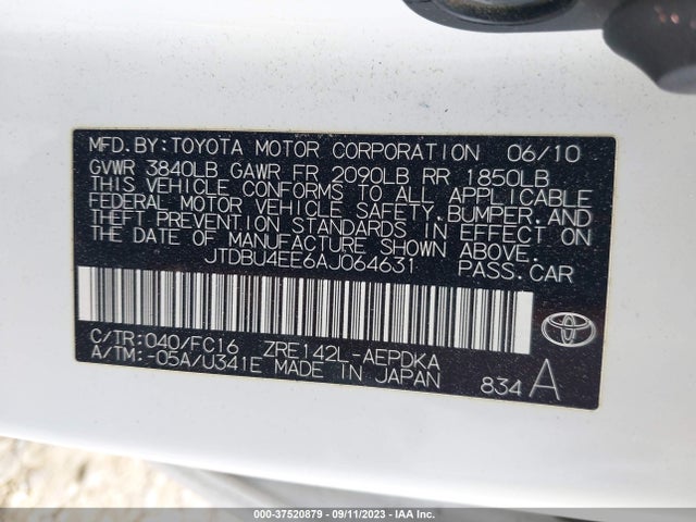 2010 TOYOTA COROLLA VIN: JTDBU4EE6AJ064631