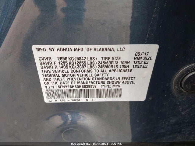 Honda Pilot Ex 2017 5FNYF6H35HB039859 Image 9