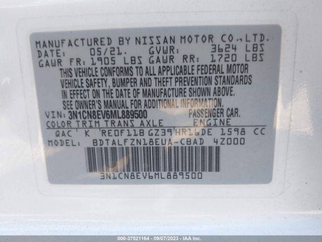 3N1CN8EV6ML889500 Nissan VERSA SV