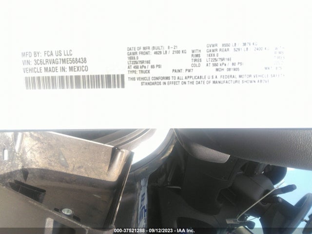 2021 RAM PROMASTER CARGO VAN VIN: 3C6LRVAG7ME568438