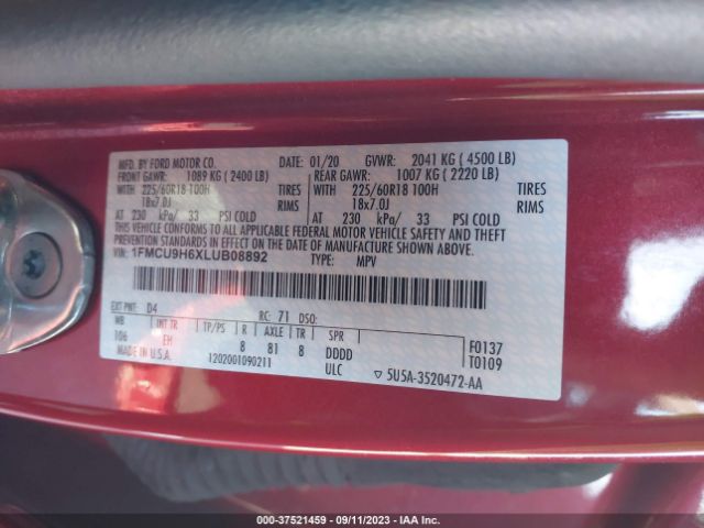 1FMCU9H6XLUB08892 Ford ESCAPE SEL