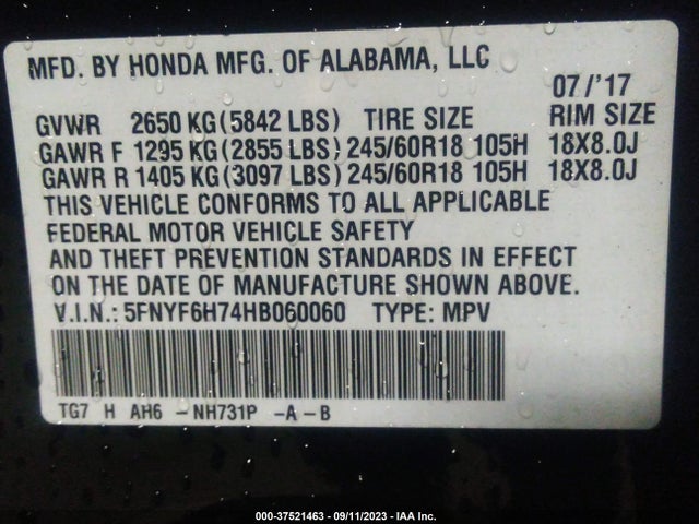 2017 HONDA PILOT EX-L VIN: 5FNYF6H74HB060060