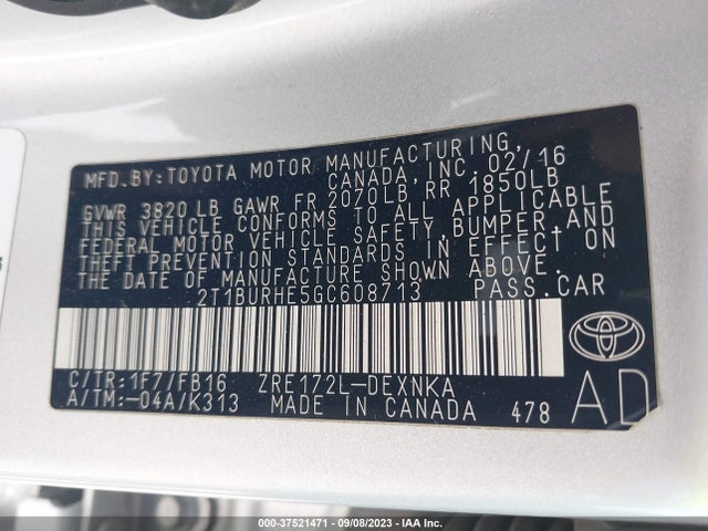 2016 TOYOTA COROLLA L/LE/S/S PLUS/LE PLUS VIN: 2T1BURHE5GC608713