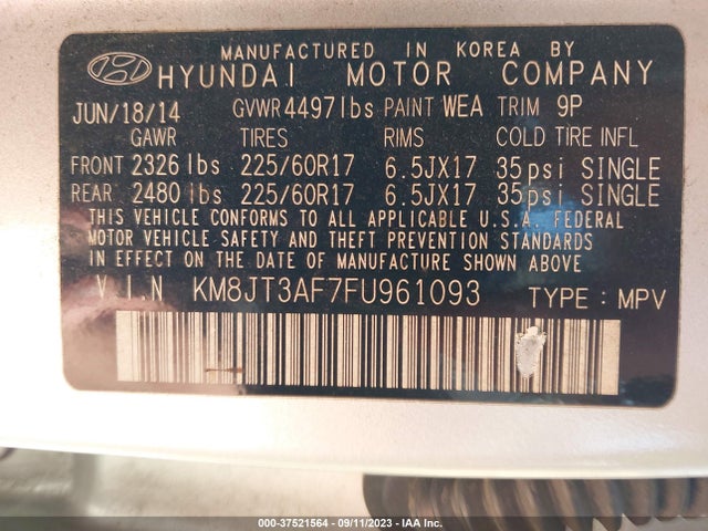 Hyundai TUCSON GLS 2015 KM8JT3AF7FU961093 Image 9