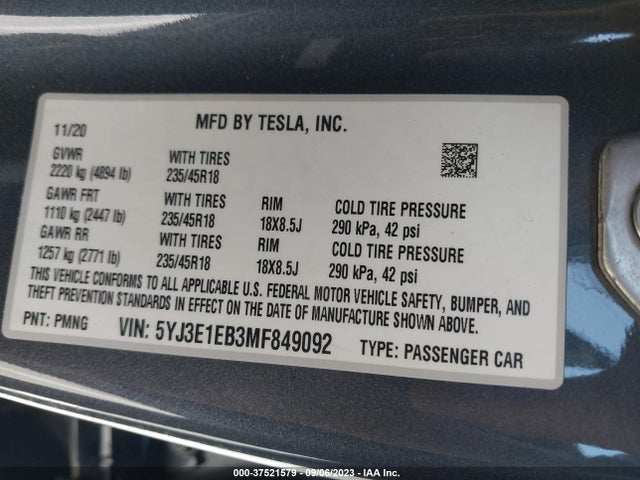 2021 TESLA MODEL 3 LONG RANGE VIN: 5YJ3E1EB3MF849092