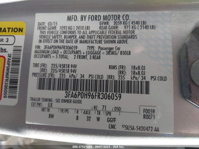 Ford FUSION SE 2015 3FA6P0H96FR306059 Image 9