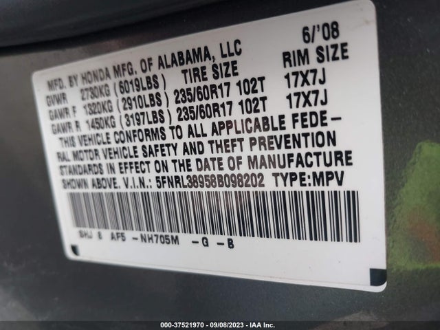 2008 HONDA ODYSSEY TOURING VIN: 5FNRL38958B098202