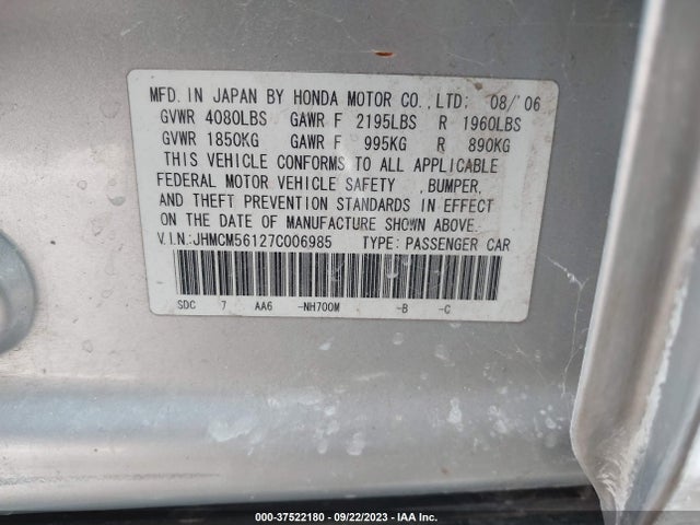 2007 HONDA ACCORD SDN VP VIN: JHMCM56127C006985