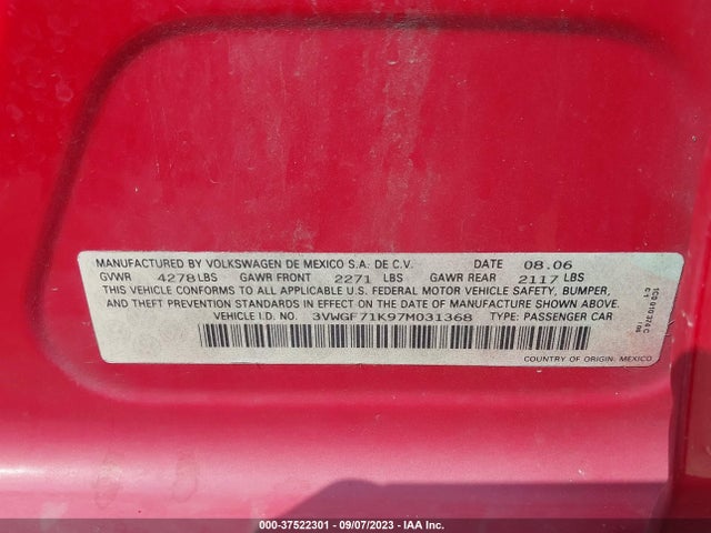 2007 VOLKSWAGEN JETTA SEDAN VIN: 3VWGF71K97M031368