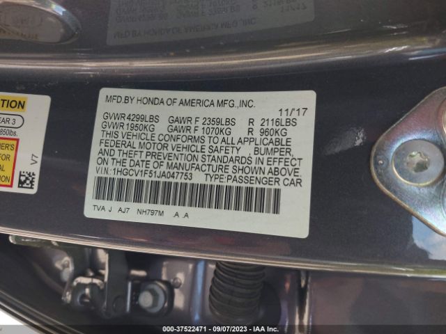 1HGCV1F51JA047753 Honda Accord Sedan Ex-l 1.5t
