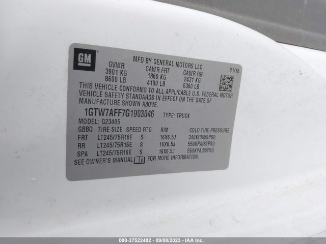 2016 GMC SAVANA 2500 WORK VAN VIN: 1GTW7AFF7G1903046
