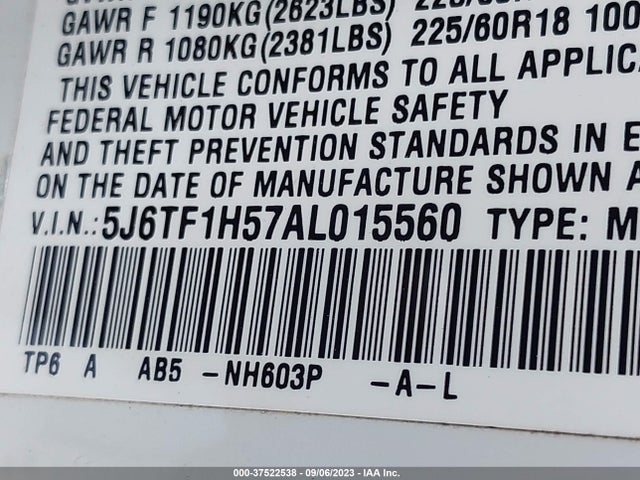 37522538 :رقم المزاد ، 5J6TF1H57AL015560 vin ، 2010 Honda Accord Crosstour Ex-l مزاد بيع