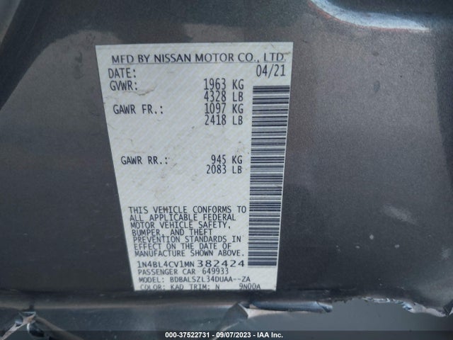 2021 NISSAN ALTIMA 2.5 SR VIN: 1N4BL4CV1MN382424