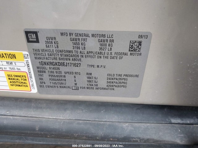 Chevrolet Traverse Lt 2014 1GNKRGKD8EJ171627 Image 9