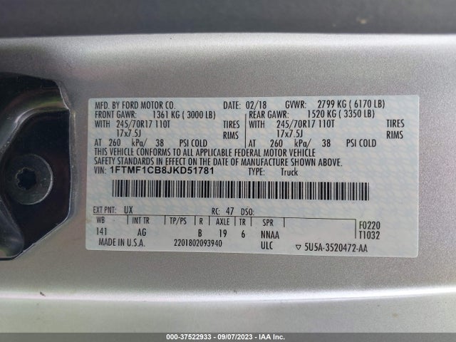 Ford F-150 Xl/xlt 2018 1FTMF1CB8JKD51781 Image 9