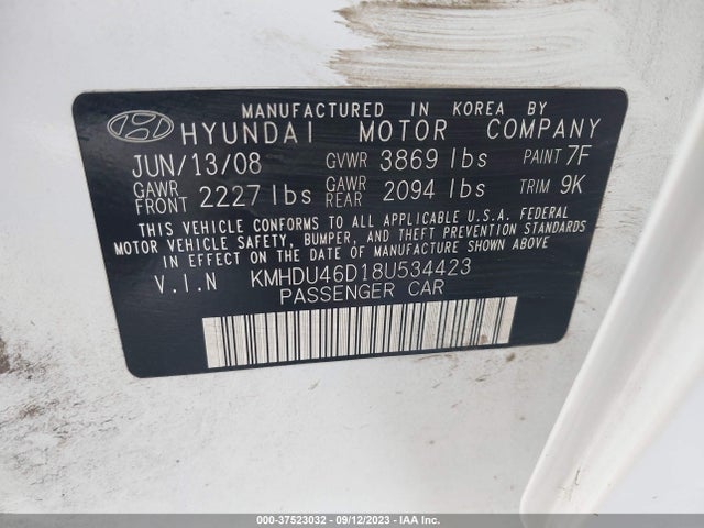 2008 HYUNDAI ELANTRA GLS/SE VIN: KMHDU46D18U534423