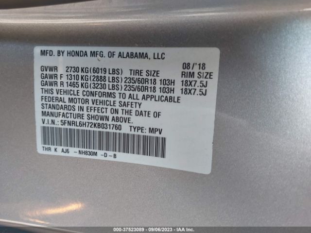 5FNRL6H72KB031760 Honda Odyssey Ex-l
