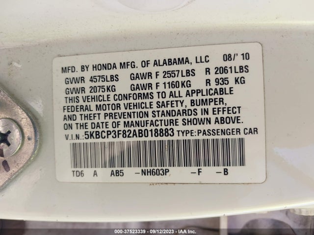 2010 HONDA ACCORD SDN EX-L VIN: 5KBCP3F82AB018883